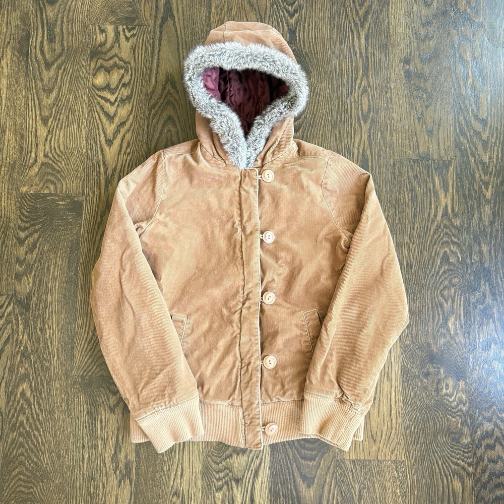 Vtg Fossil Womens Corduroy Jacket Hooded Fur Trim Quilted Bomber Coat Brown M